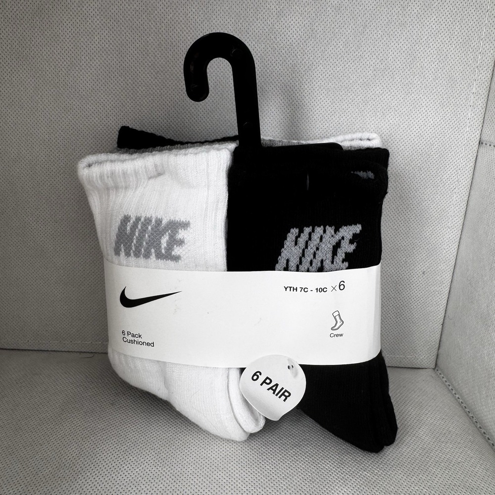 Nike Kids Crew Socks 6 Pairs Cushioned White Black Grey XXS 7C-10C BN0509-042